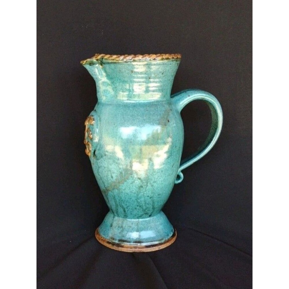 Pottery Pitcher Vase Teal Blue Brown Braided Rope Trim Signed V. Watkins